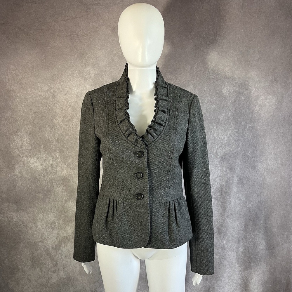 Ann Taylor LOFT Blazer Womens 4 Gray Ruffle Neck Wool Blend Peplum Jacket